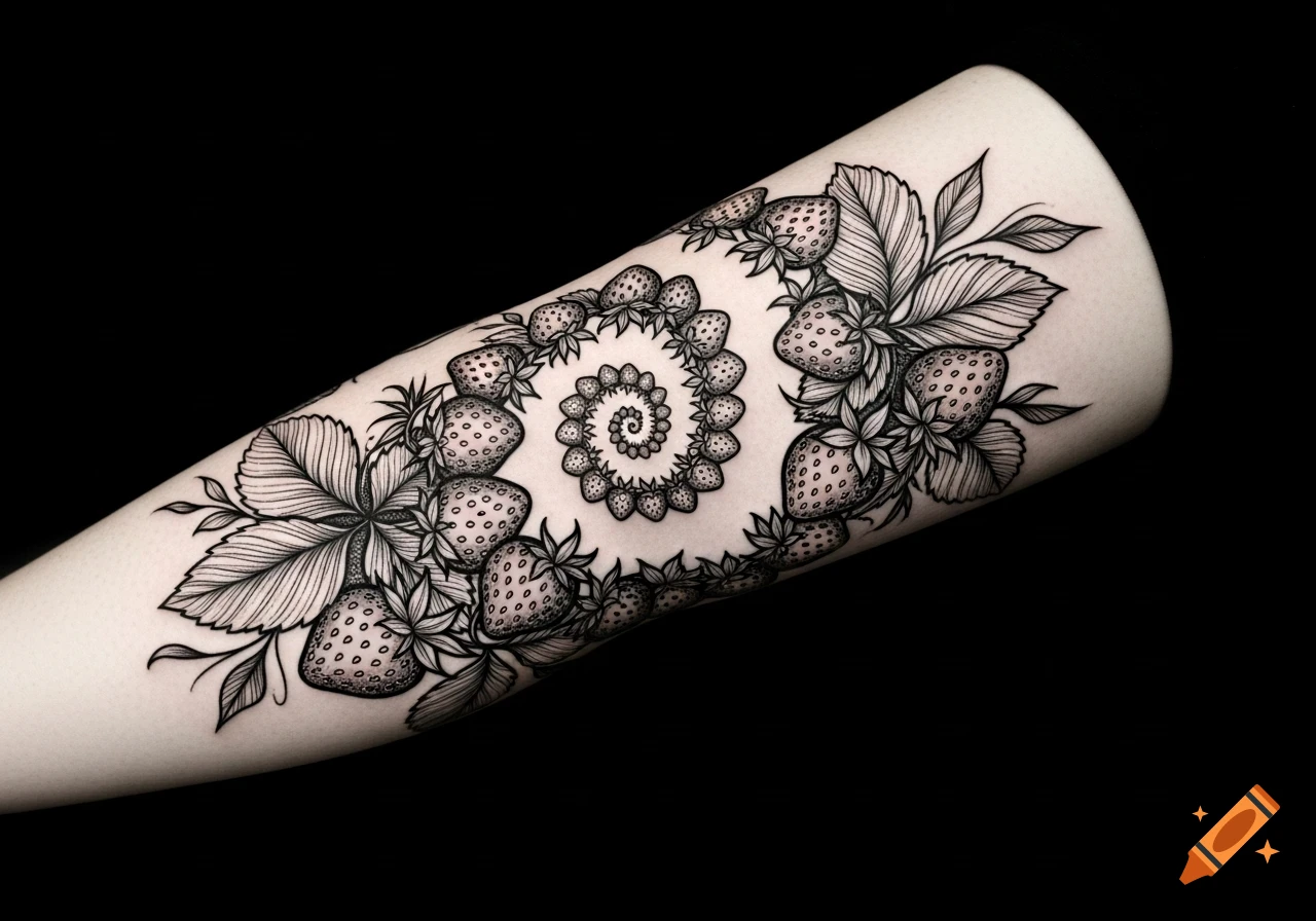 A woodcut style tattoo featuring strawberries and leaves arranged in a spiral pattern on a person's arm.