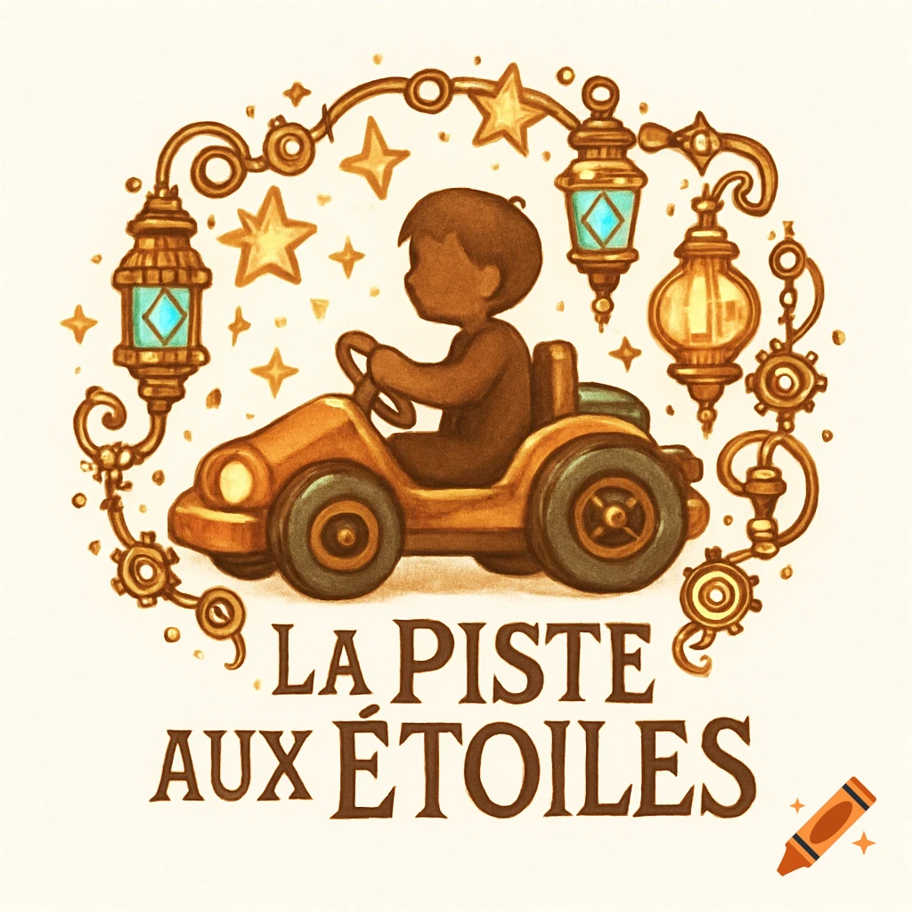 Illustrated logo of a child in a kart, surrounded by steampunk lanterns, gears, and stars with the text 'LA PISTE AUX ÉTOILES'.