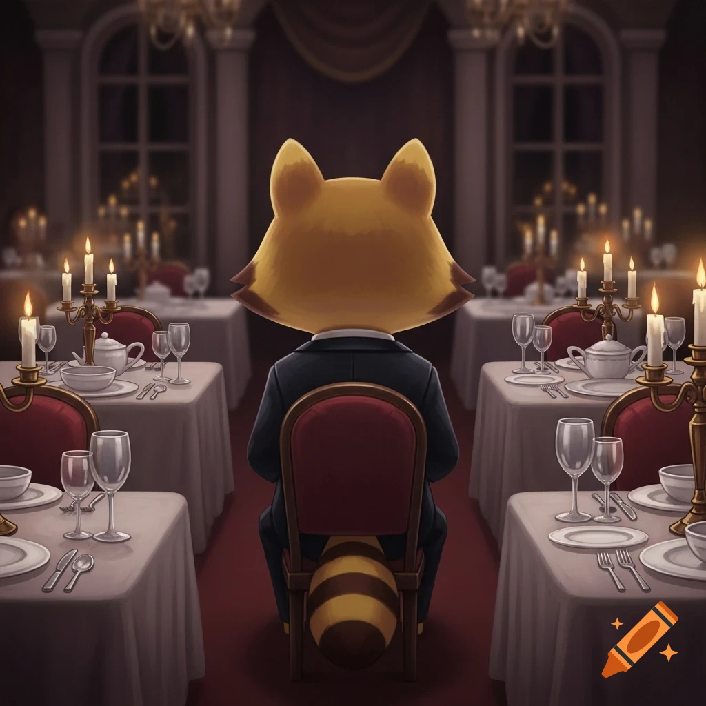 A cartoonish raccoon-like character in a tuxedo sits with its back to the viewer in a formal, candlelit dining room.