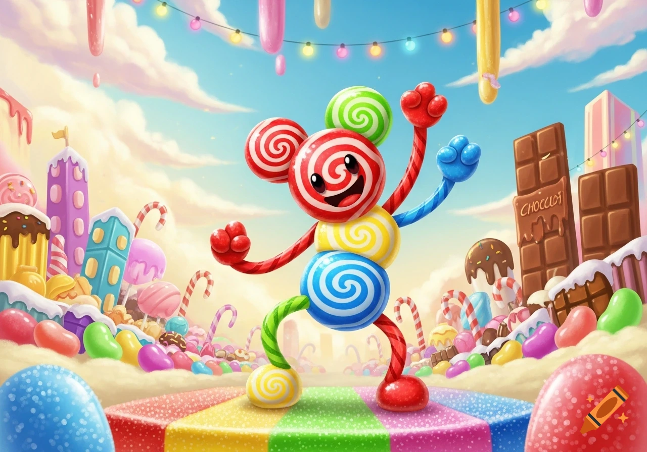 A cheerful anthropomorphic candy character stands on a rainbow platform in a vibrant candy land filled with lollipops, chocolate bars, and jelly beans. The style is bright and cartoony.