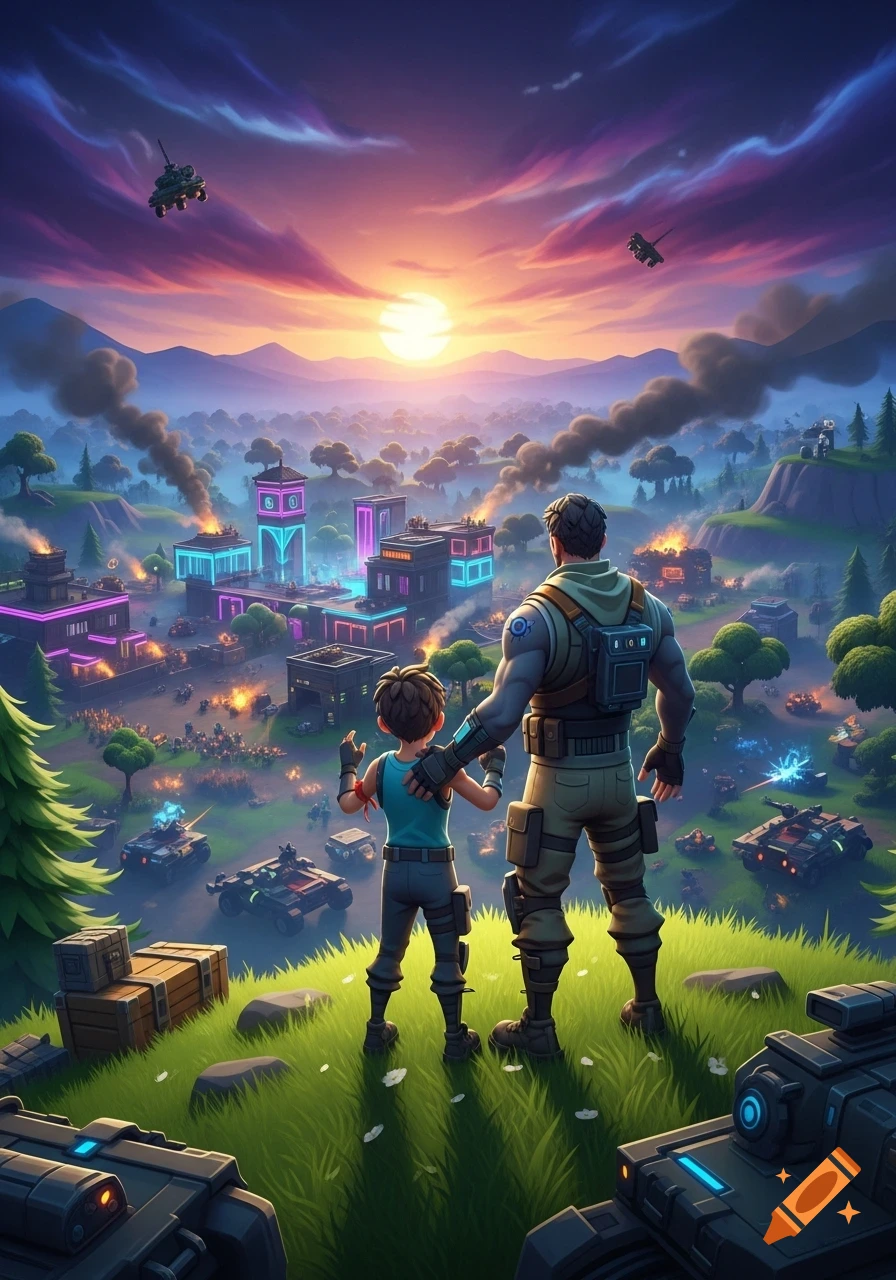 An adult and child stand on a grassy hill, overlooking a vibrant, stylized Fortnite-like battle scene at sunset with glowing buildings and vehicles.