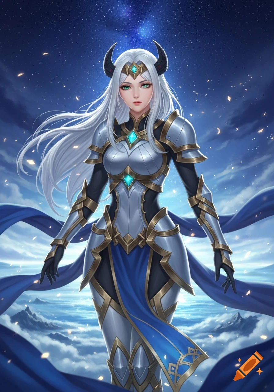A female fantasy character with long white hair, horns, and silver ...