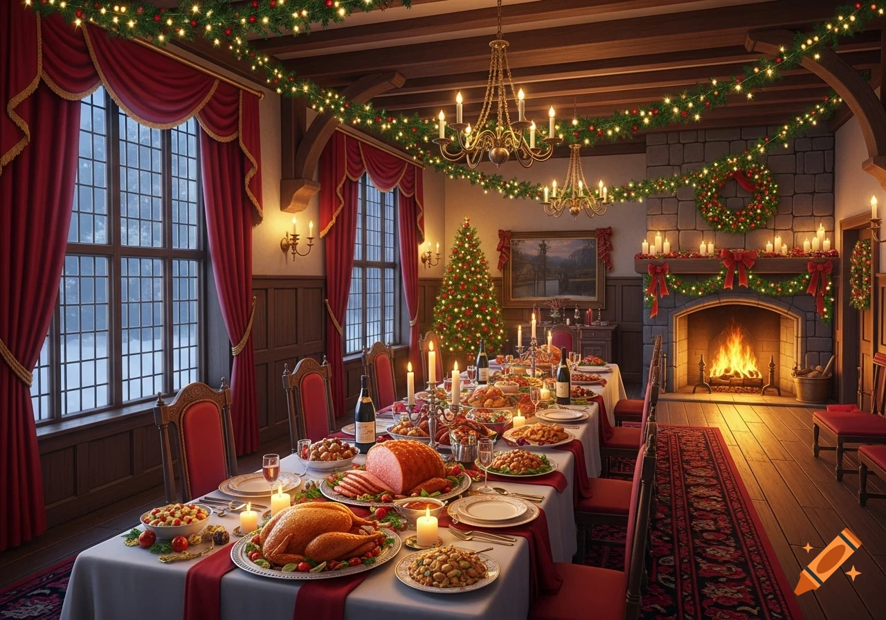 Photorealistic image of a grand Christmas dinner table laden with food in a cozy, decorated hall with a fireplace.