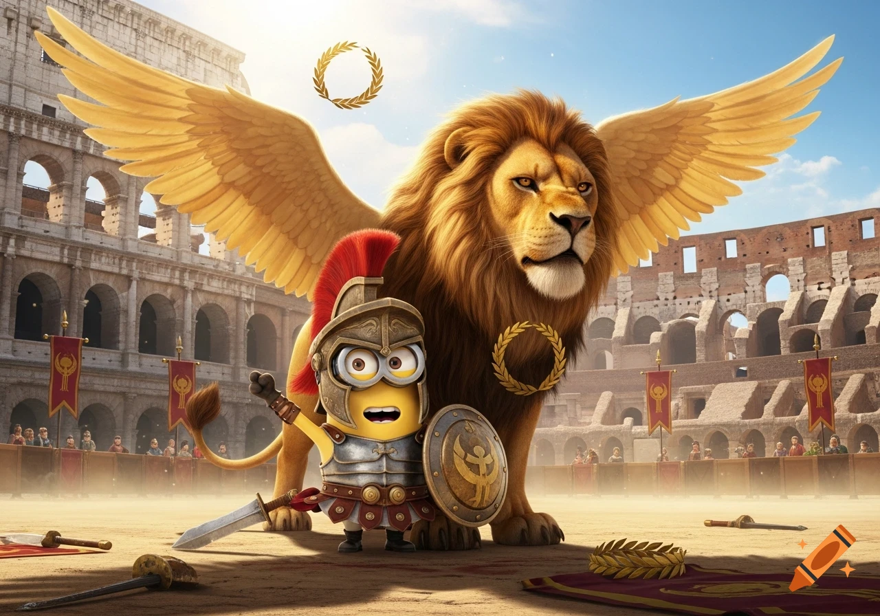 A Minion gladiator with a sword and shield stands next to a majestic winged lion in the Colosseum after a battle.