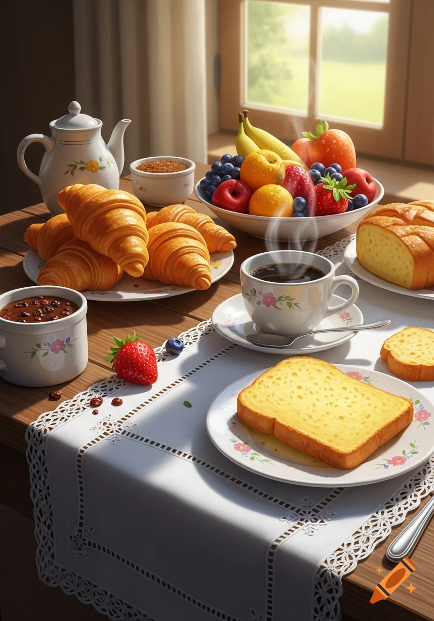 A photorealistic breakfast spread with croissants, fruit, coffee, toast, and jam on a wooden table by a window.