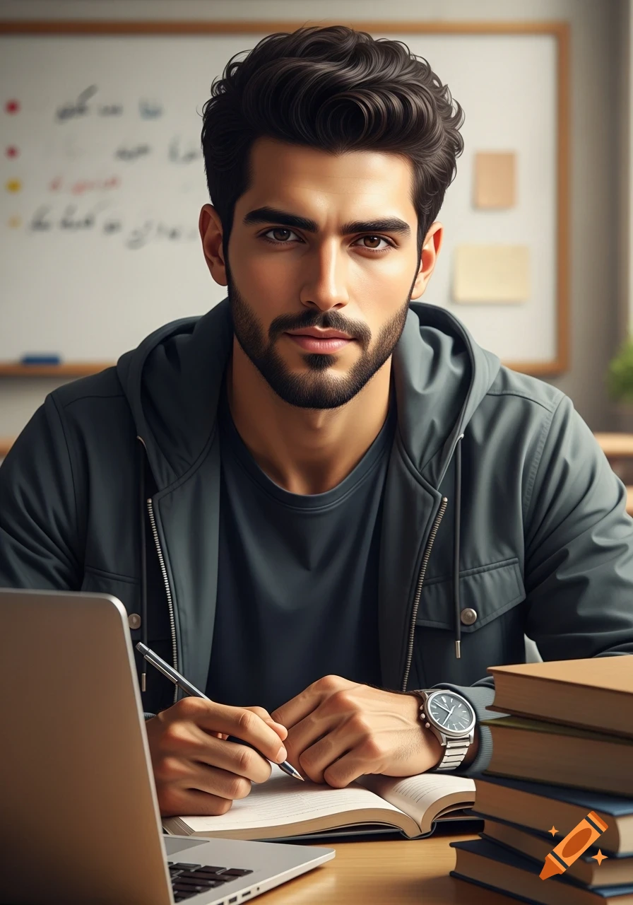 A photorealistic portrait of a young man with dark hair and beard, wearing a grey hoodie, studying at a desk with a laptop, books, and a pen in a classroom setting.