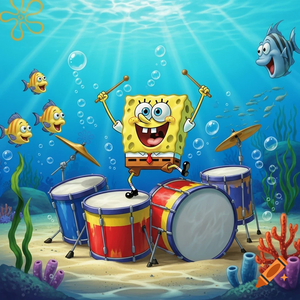 SpongeBob SquarePants happily plays drums underwater, surrounded by fish and coral in a vibrant cartoon illustration.