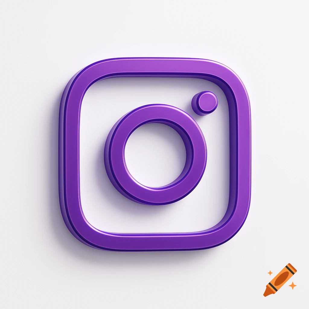 A modern, minimalistic 3D purple Instagram logo icon with smooth curves and soft reflections, centered on a pure white background with subtle shadows.