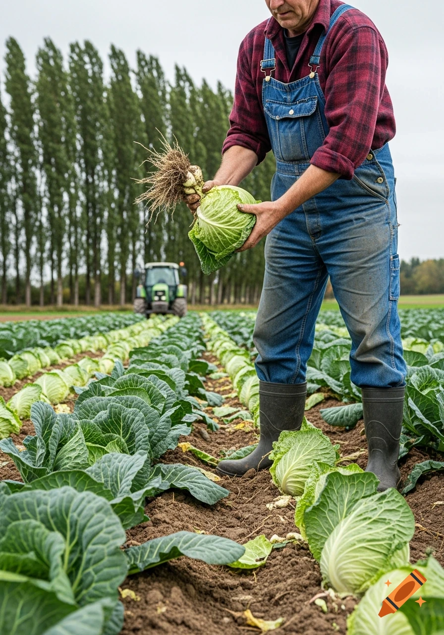 A farmer in overalls and a plaid shirt harvests cabbage in a field, holding a fresh head with roots. Rows of cabbage and a tractor are in the background.