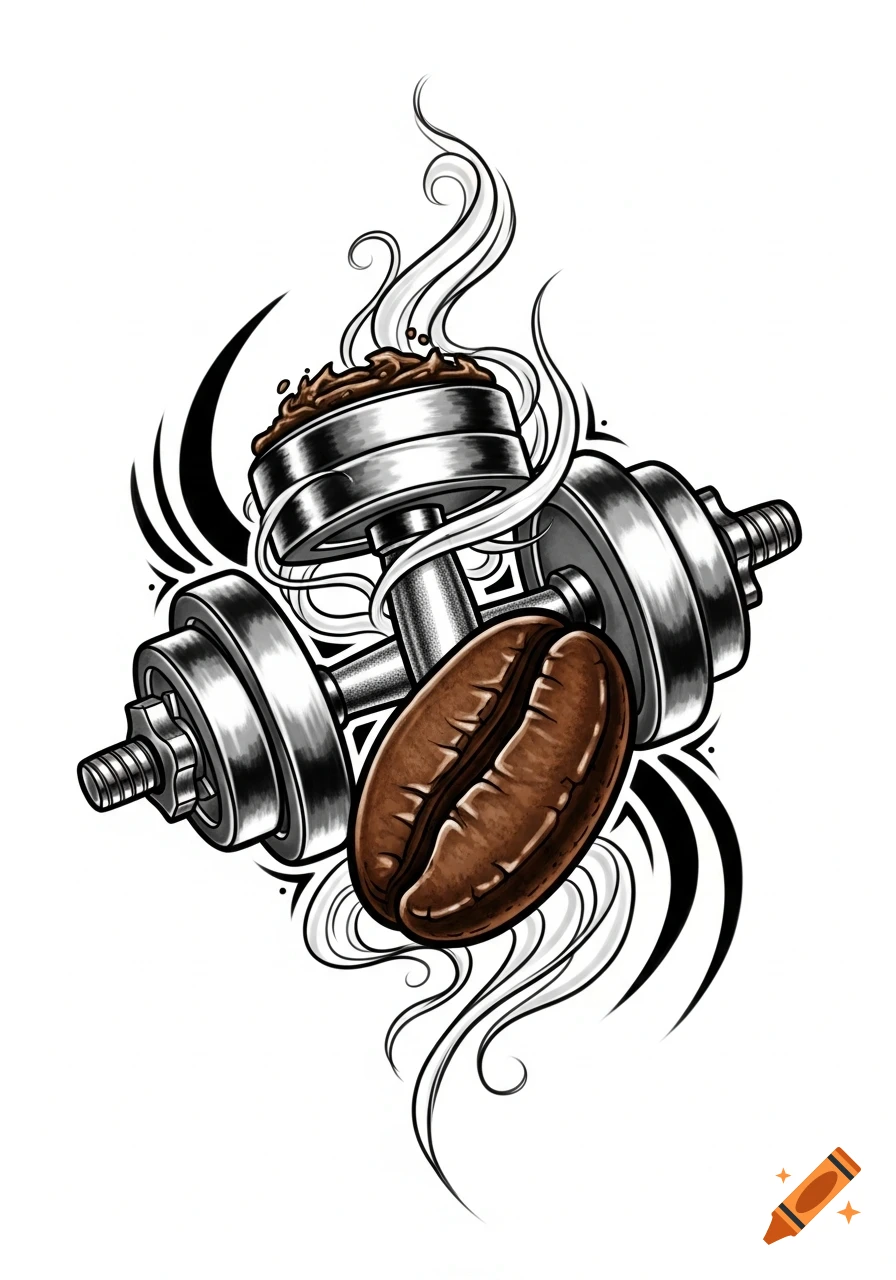 Stylized tattoo design combining a steaming dumbbell with ground coffee and a large coffee bean amidst tribal patterns.