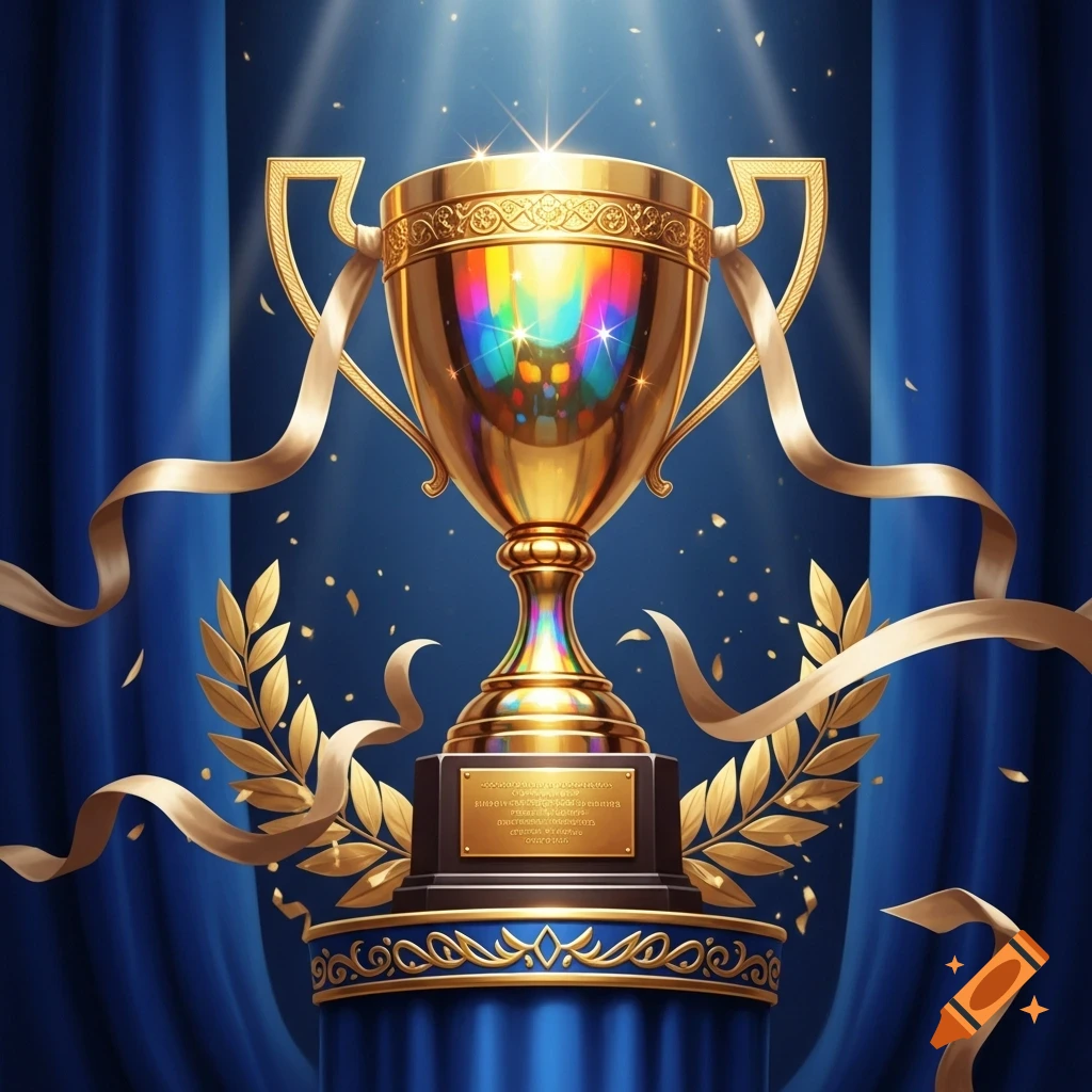 A shining golden trophy with gold ribbons and a wreath on a blue pedestal, against a blue curtain with a spotlight.