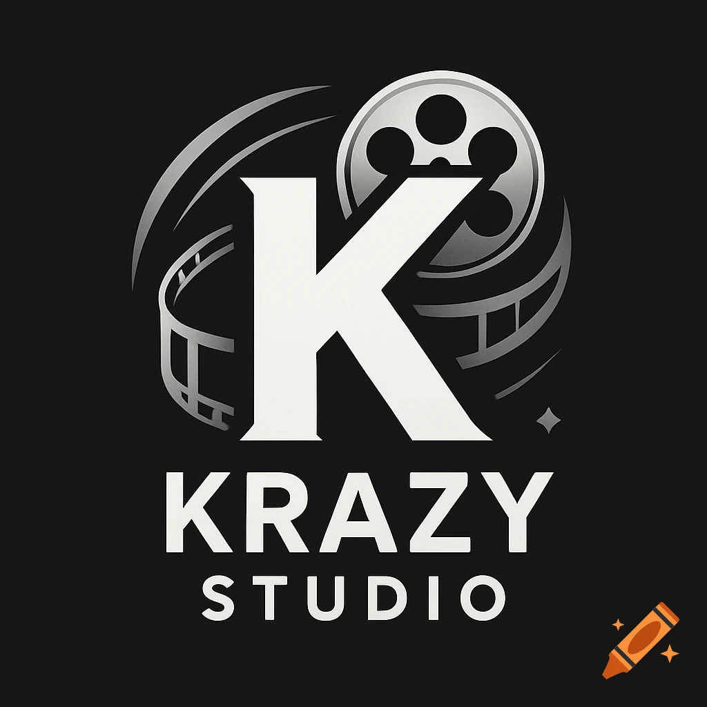 Monochrome logo for Krazy Studio featuring a stylized K, film reel, and film strip on a black background.