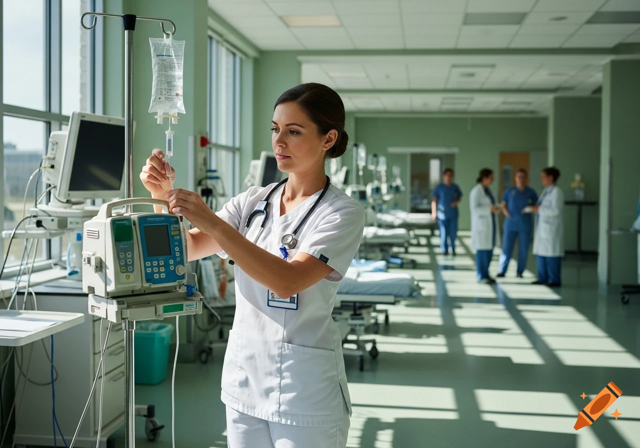 A photorealistic image of a nurse in a white scrub top and stethoscope adjusting an IV drip in a bright hospital hallway.