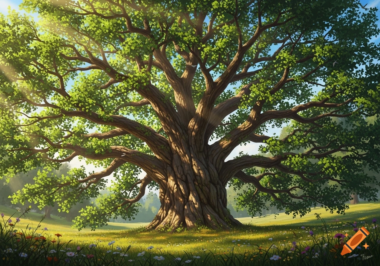 A majestic, old California oak tree with lush green leaves stands in a sunny, wildflower-filled meadow, with light rays shining through the branches.