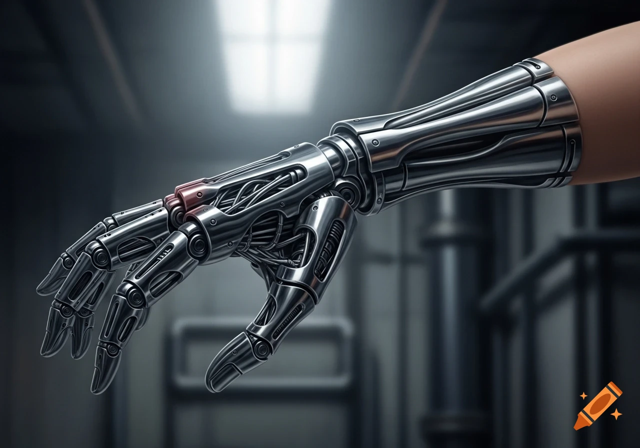 Close-up of a metallic, terminator-like robotic left hand and forearm, seamlessly connecting to a human arm, in a factory setting.