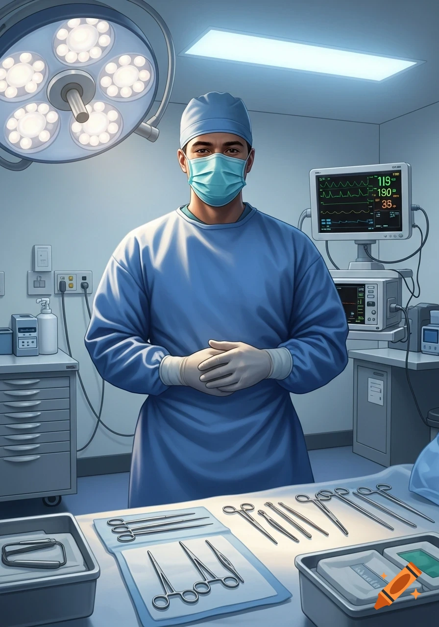 Male nurse in blue scrubs, surgical mask, and gloves stands in an operating room with medical equipment and instruments.
