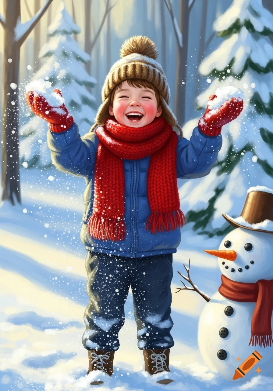 Joyful child in red scarf and mittens laughs, playing with snow in a snowy forest next to a snowman. Digital illustration.