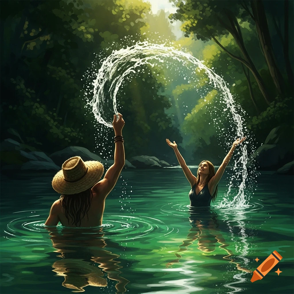 A person with a straw hat splashes water towards a woman with outstretched arms in a vibrant green river, surrounded by lush forest.