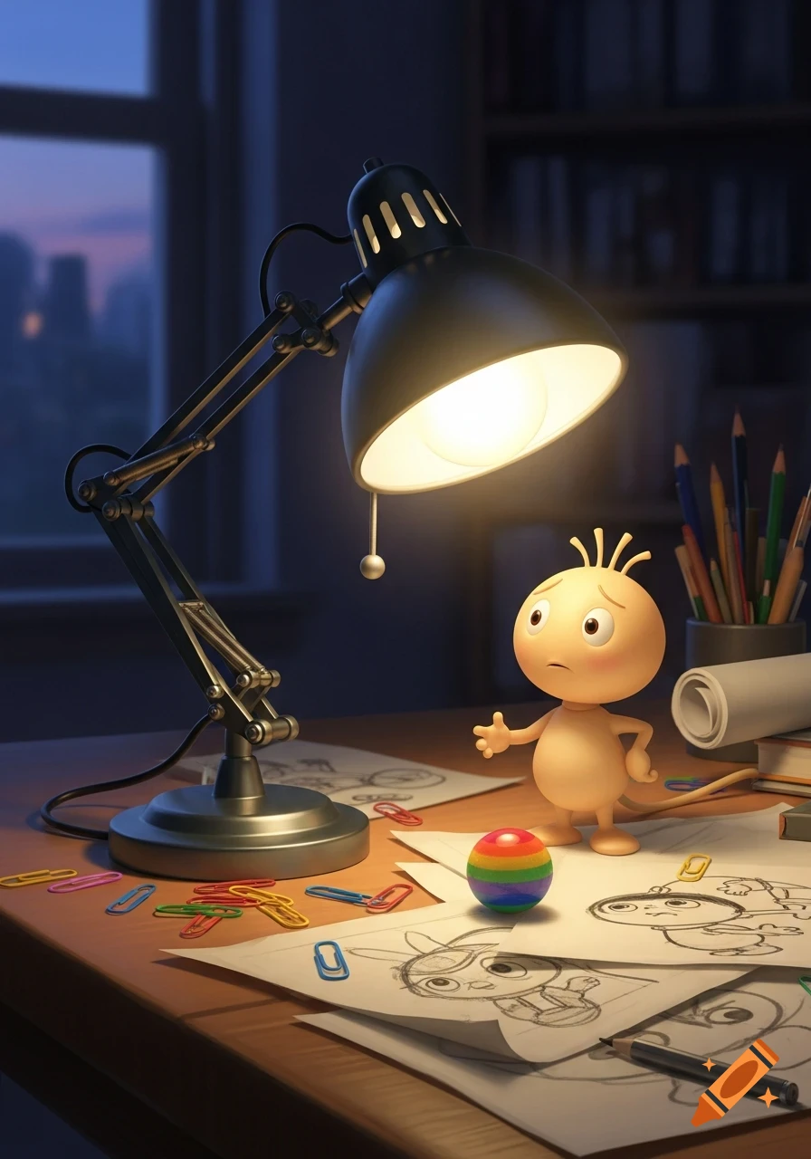 A small, pale cartoon character stands on a cluttered desk under a bright desk lamp, surrounded by drawings, paperclips, and a rainbow ball.