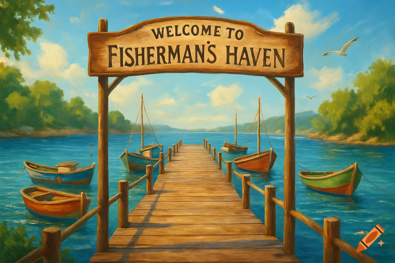 Painting of a serene fishing pier with a 'Welcome to Fisherman's Haven' sign, surrounded by boats on blue water.