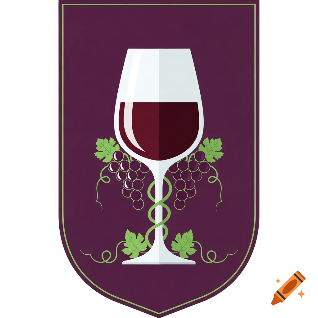 Flat design illustration of a red wine glass with grapevines and purple grapes inside a dark purple shield badge.