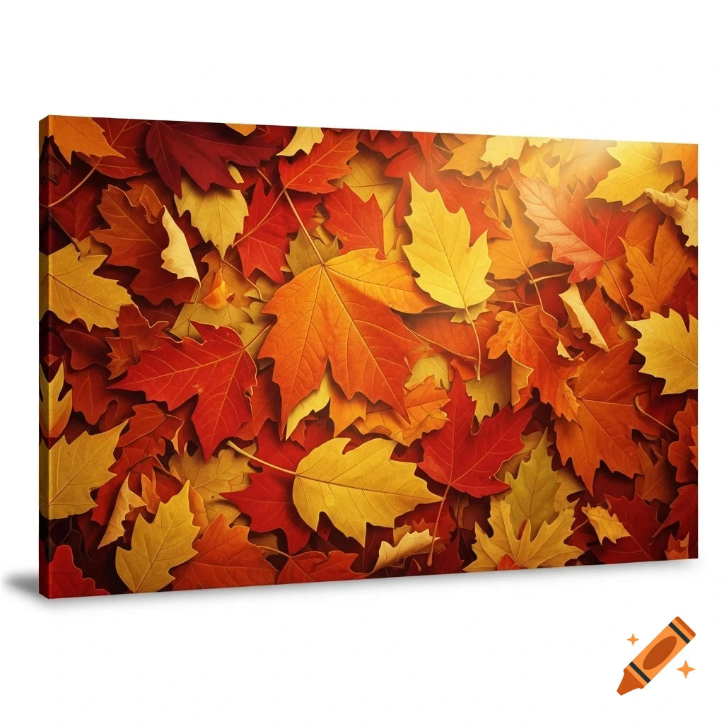 A vibrant background of red, orange, and yellow autumn leaves, with bright sunlight illuminating the upper right.