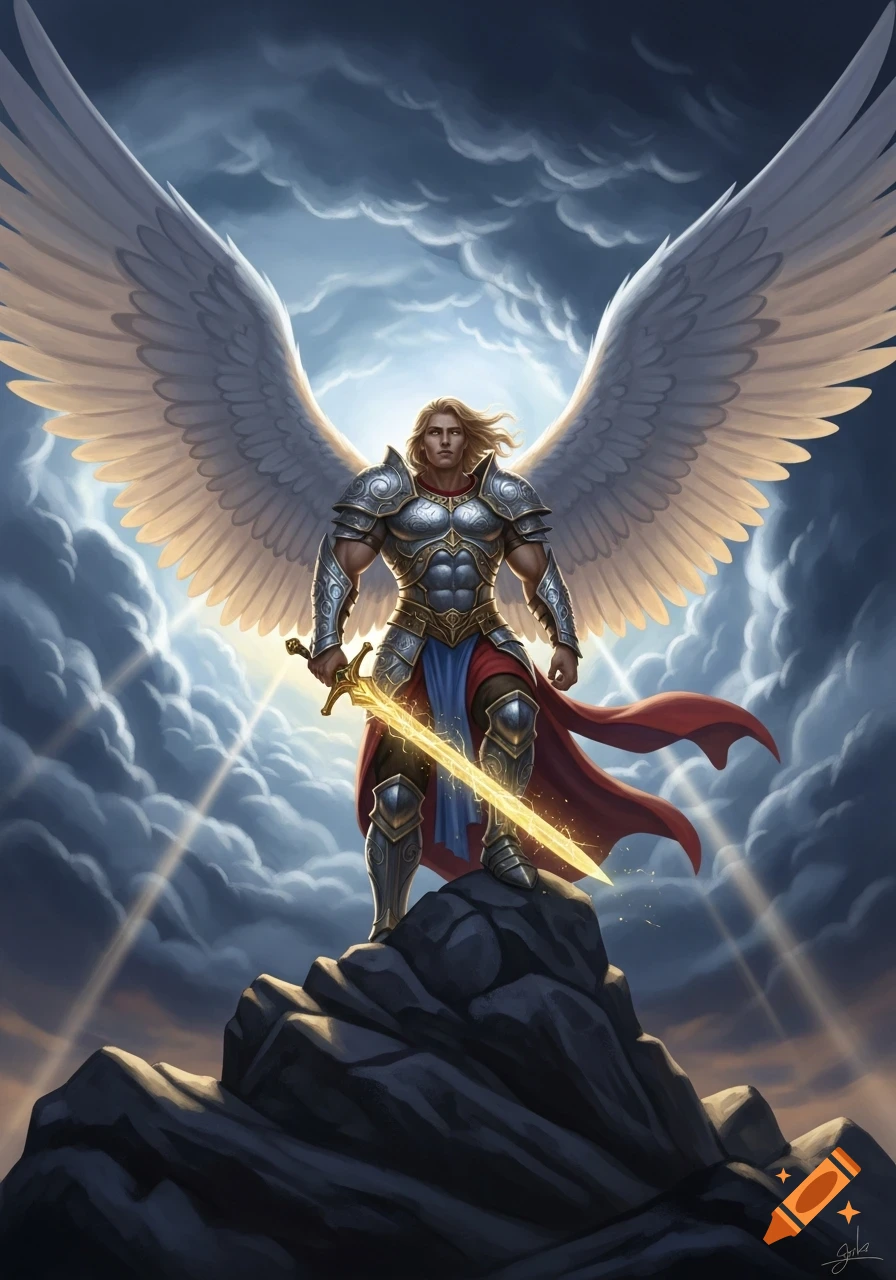 A muscular archangel in shining armor with large white wings stands on a rocky peak, holding a glowing sword against a cloudy sky.