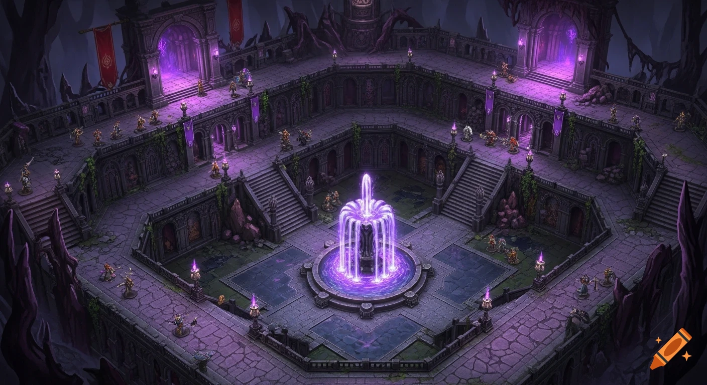 Detailed overhead fantasy battlemap with three elevations, purple lighting, and a corrupted glowing purple fountain in a dark arena.