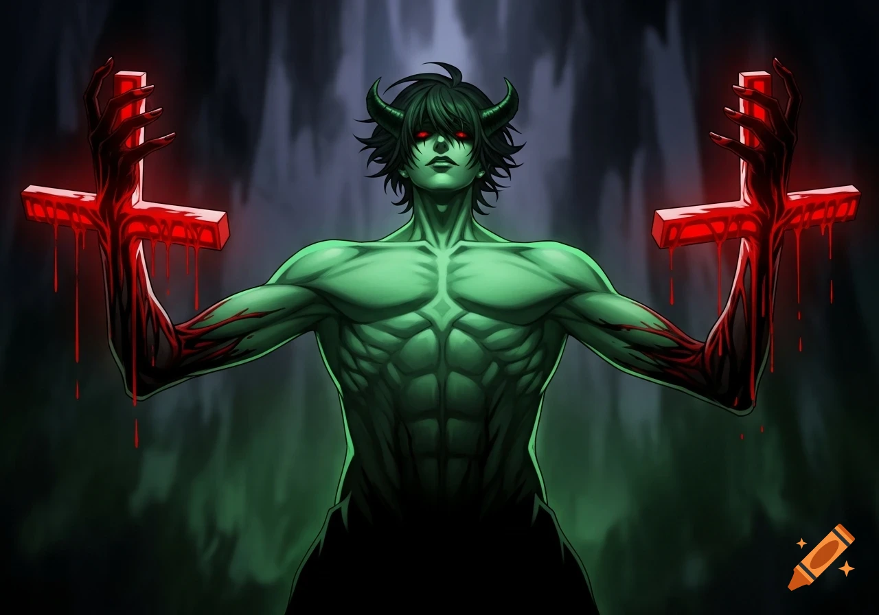 Anime-style green-skinned demon with horns and red eyes, holding two glowing red blood-stained crosses.