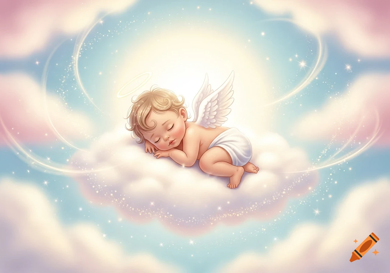 A cute, sleeping angel baby with a halo and wings rests on a fluffy cloud in a pastel blue and pink sky, surrounded by sparkles.
