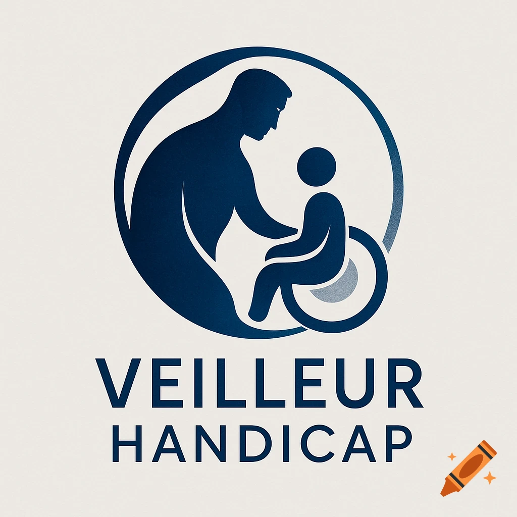 Dark blue logo featuring a person assisting a person in a wheelchair, with 'VEILLEUR HANDICAP' text.