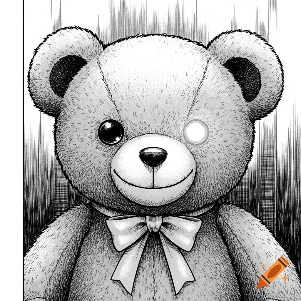Black and white manga-style teddy bear with a glowing eye and an evil grin, wearing a bow.