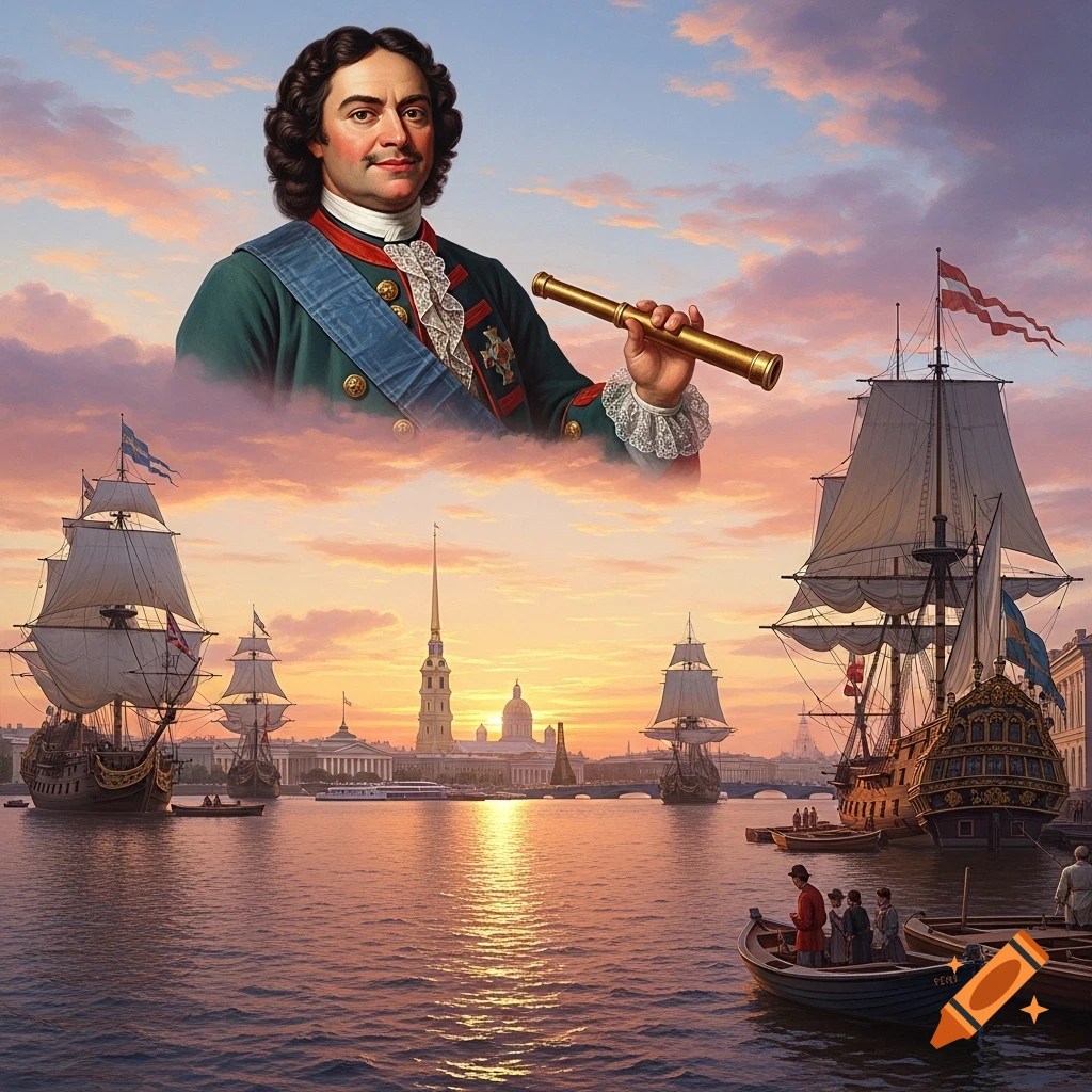 A historical portrait of Peter the Great holding a telescope floats above a bustling St. Petersburg harbor at sunset, filled with large sailing ships.