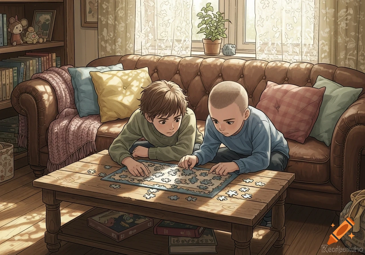 Two anime boys intently work on a jigsaw puzzle spread across a wooden coffee table in a sunlit living room.