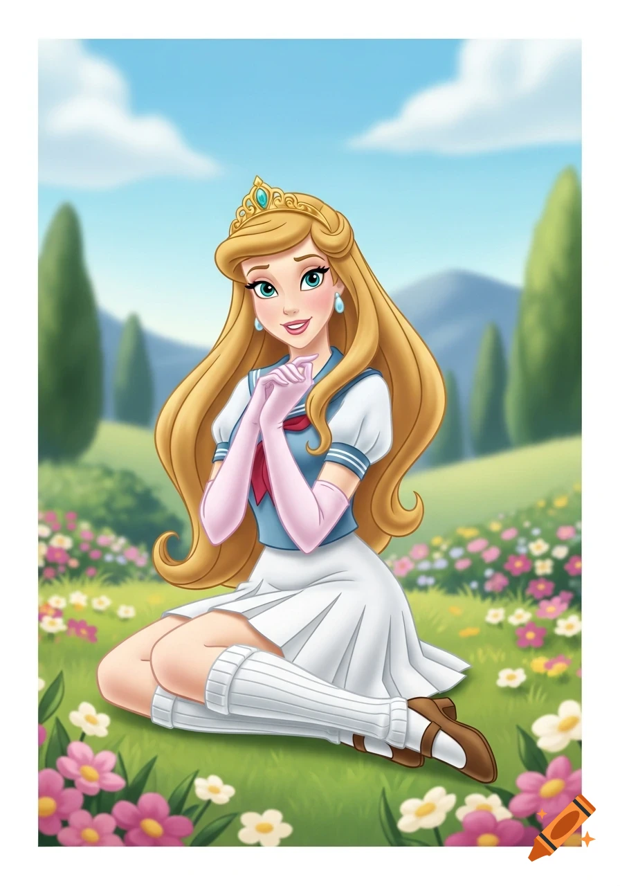 A cartoon princess with blonde hair and a tiara sits in a flower field, wearing a sailor top, pleated skirt, pink gloves, and leg warmers.