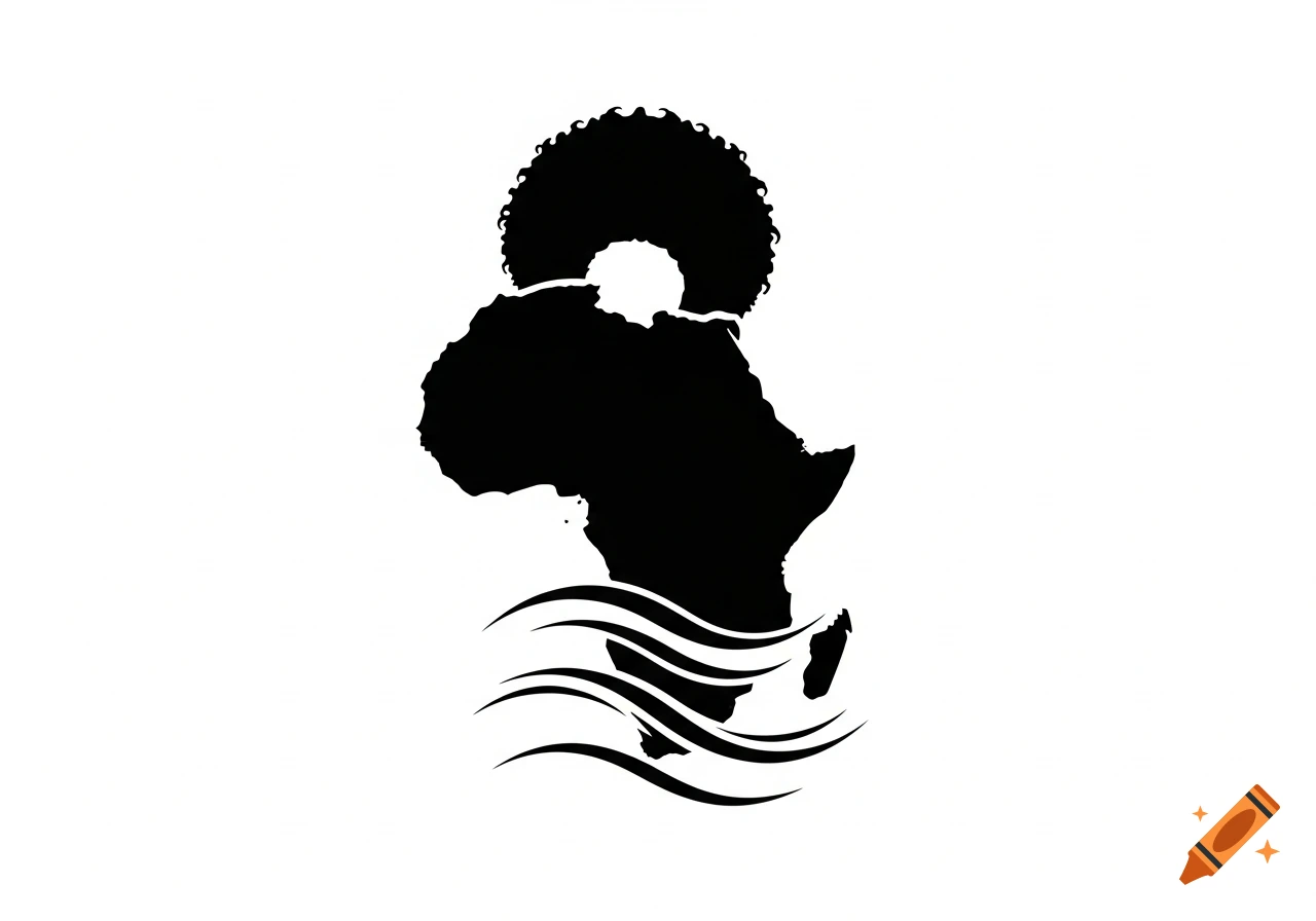 Minimalist black silhouette of the African continent with an afro as a crown and waves underneath on a white background.