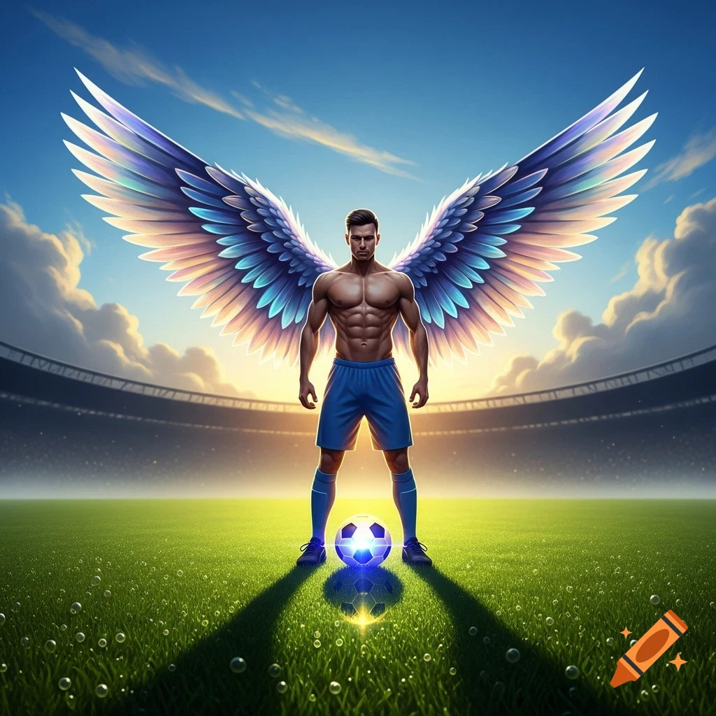 A muscular male soccer player with large, colorful wings stands on a stadium field with a glowing soccer ball at his feet, at sunset.