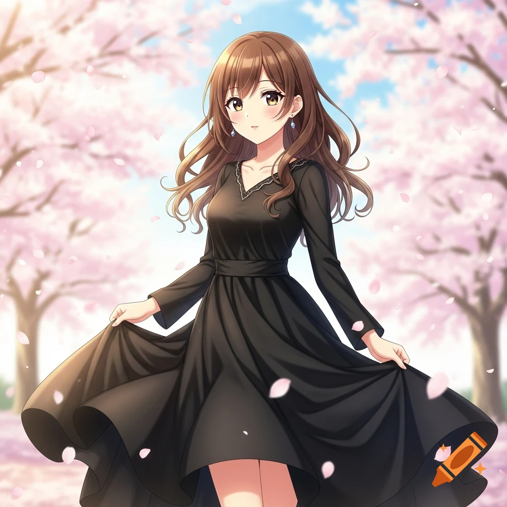 Anime girl with brown hair in a black dress, posing in a cherry blossom park.