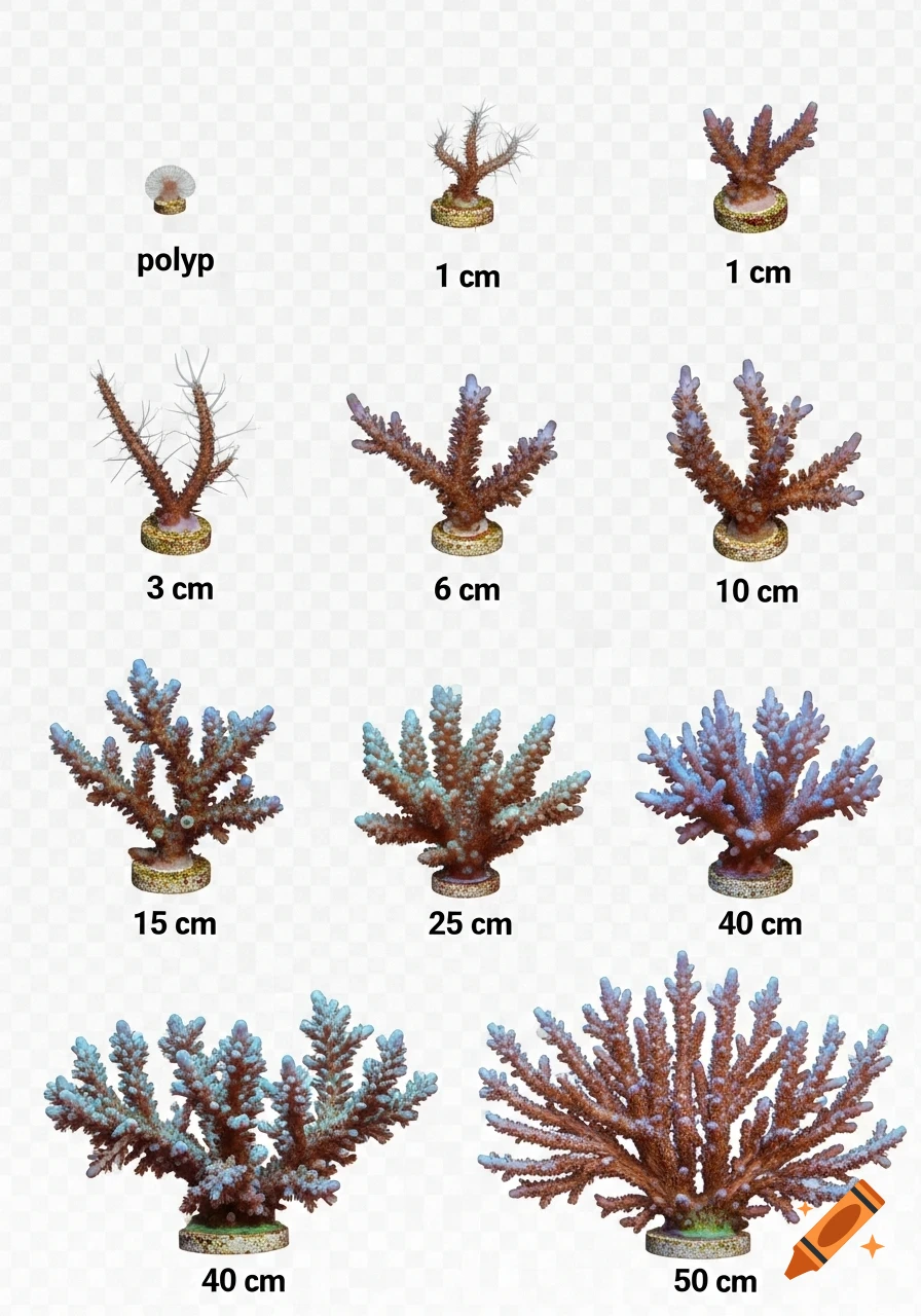 A sequence of 11 corals on a transparent background, showing their growth from a small polyp to a large, intricate branched structure, labeled with sizes.