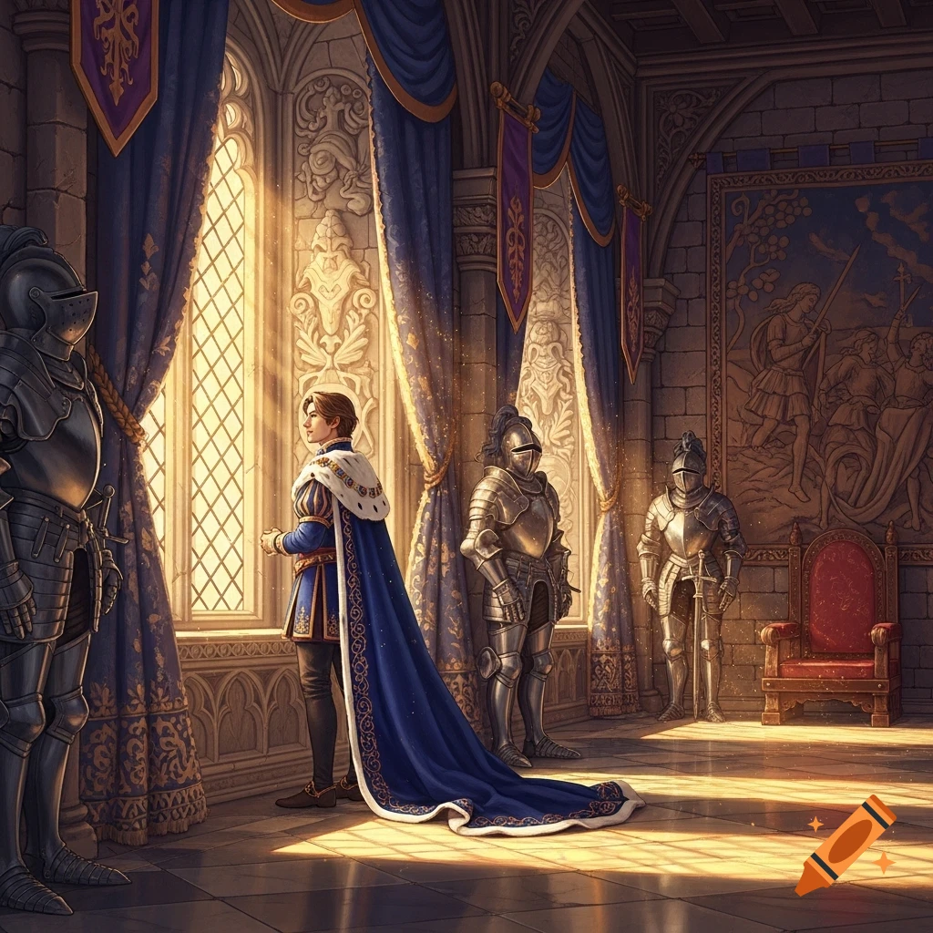 A young prince in a royal blue robe stands by a sunlit window in a grand castle hall, flanked by suits of armor.