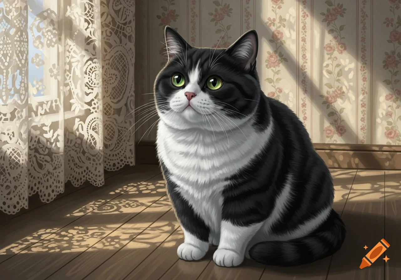 A cute, fluffy black and white cat with bright green eyes sits on a sunlit wooden floor by a window with lace curtains.