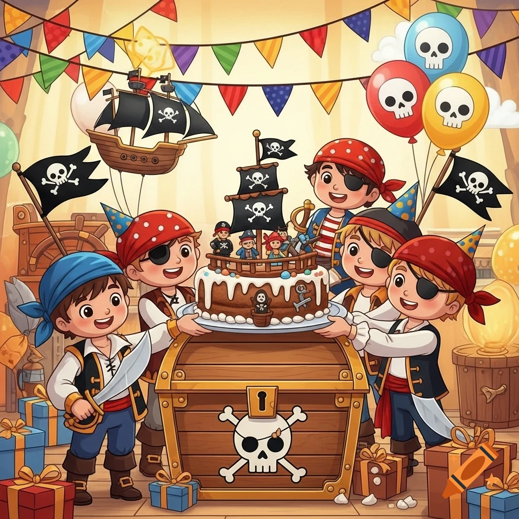 A vibrant cartoon shows five young pirate children celebrating a birthday with a pirate ship cake, a treasure chest, pirate flags, and skull balloons.