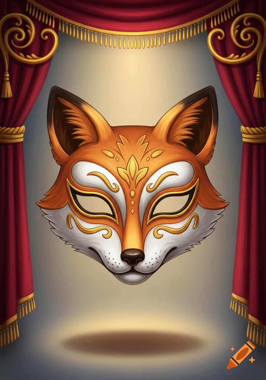 A stylized fox mask with golden accents floats on a stage, flanked by red theater curtains with gold trim.