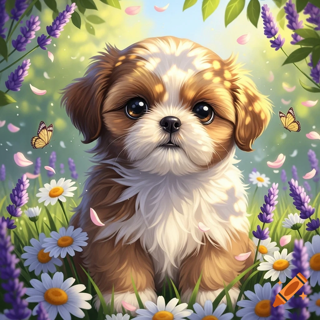 A fluffy brown and white Shih Tzu puppy sits amidst purple lavender and white daisies, with butterflies in an illustrative style.