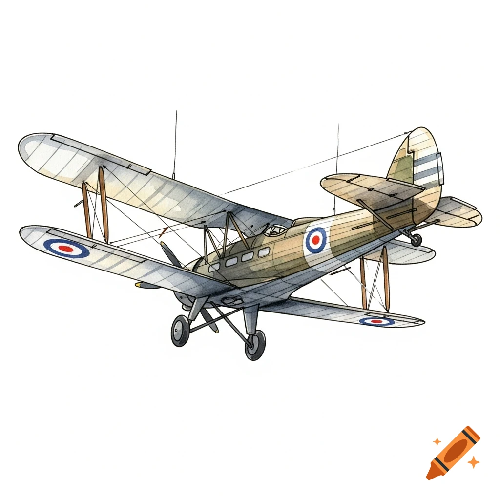 Watercolor illustration of a biplane, viewed from behind and slightly above, against a white background.