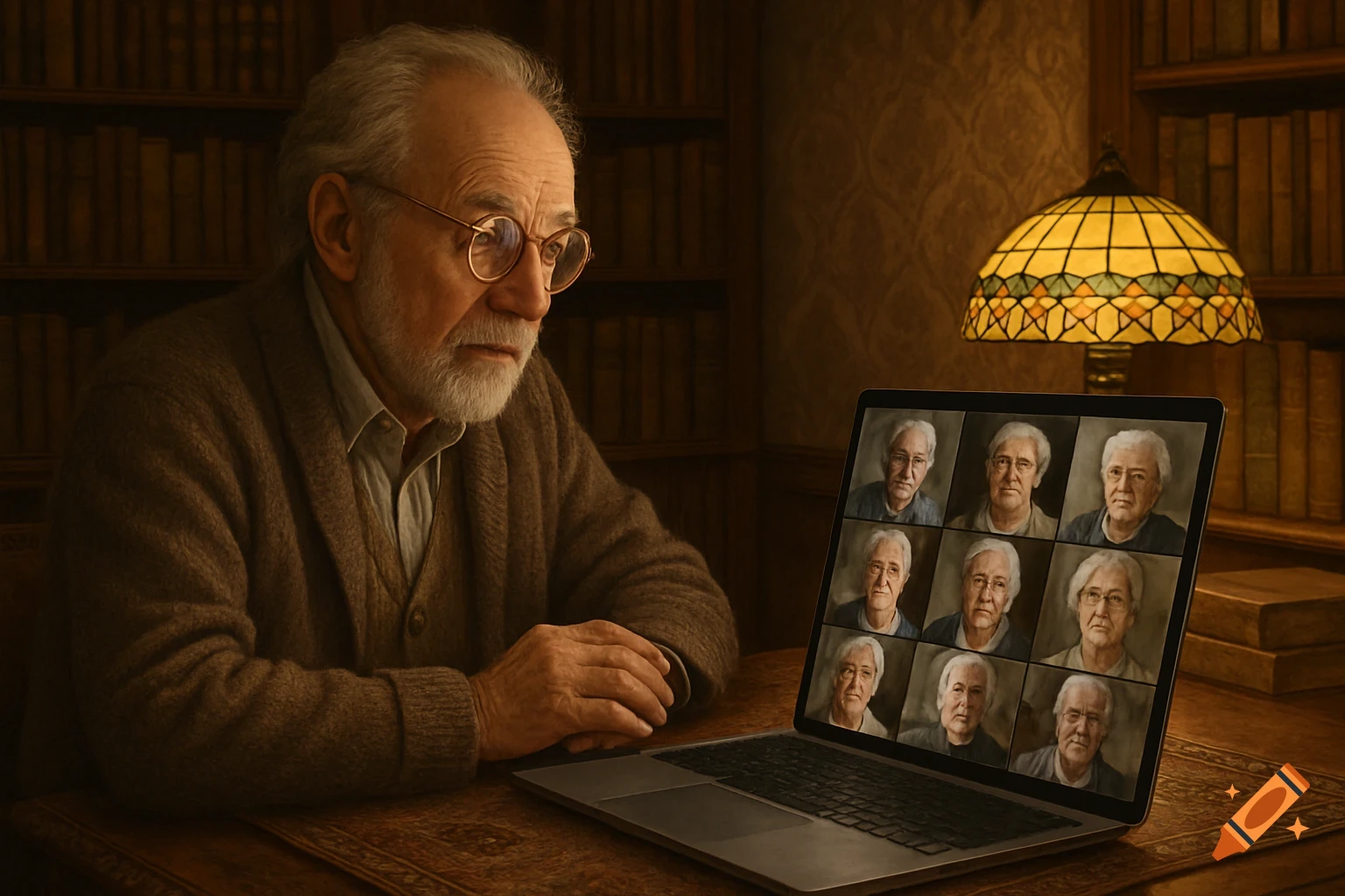 An elderly man in a cozy, dim room with bookshelves watches a video conference on his laptop, featuring multiple senior faces.