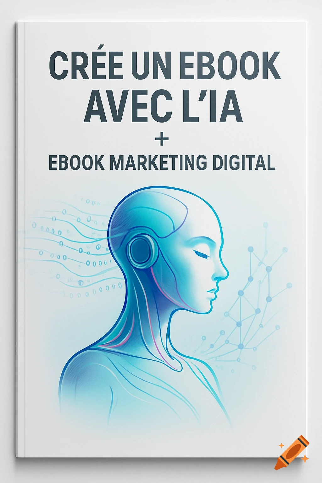 Book cover for 'CRÉE UN EBOOK AVEC L L IA + EBOOK MARKETING DIGITAL' featuring a blue stylized human head with circuits.