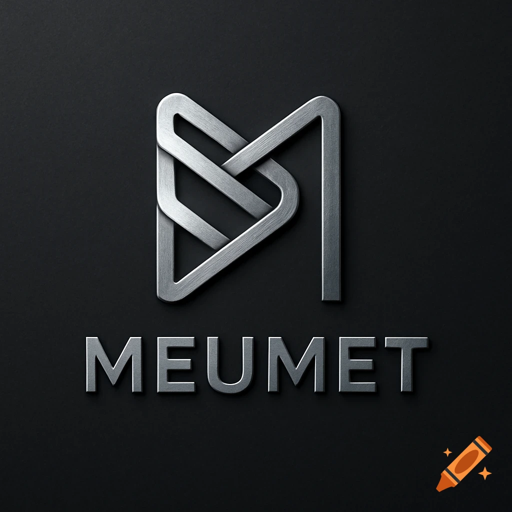 Silver metallic logo with interwoven lines forming an abstract M above the word MEUMET on a dark background.