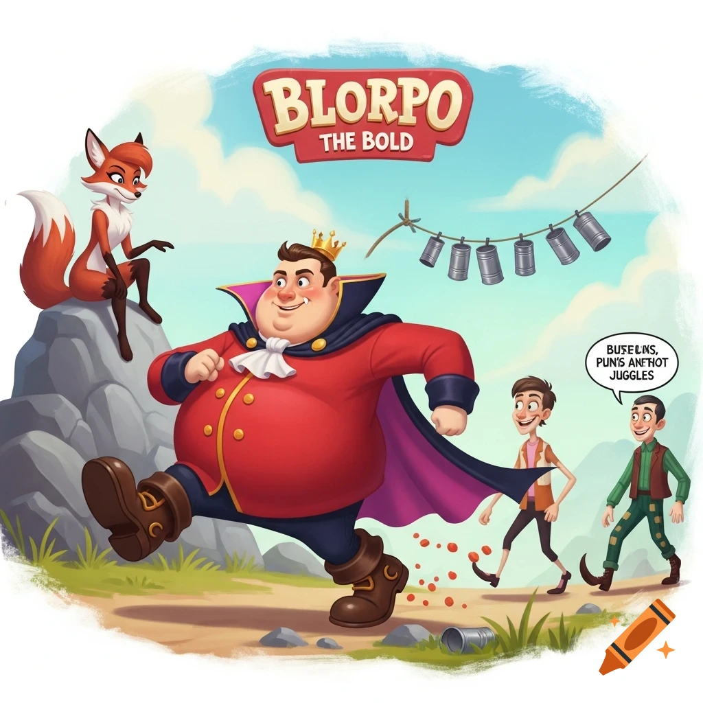 A cartoon king, Blorpo the Bold, in a red cape stomps along a dirt path, followed by two men, while a fox watches from a rock.