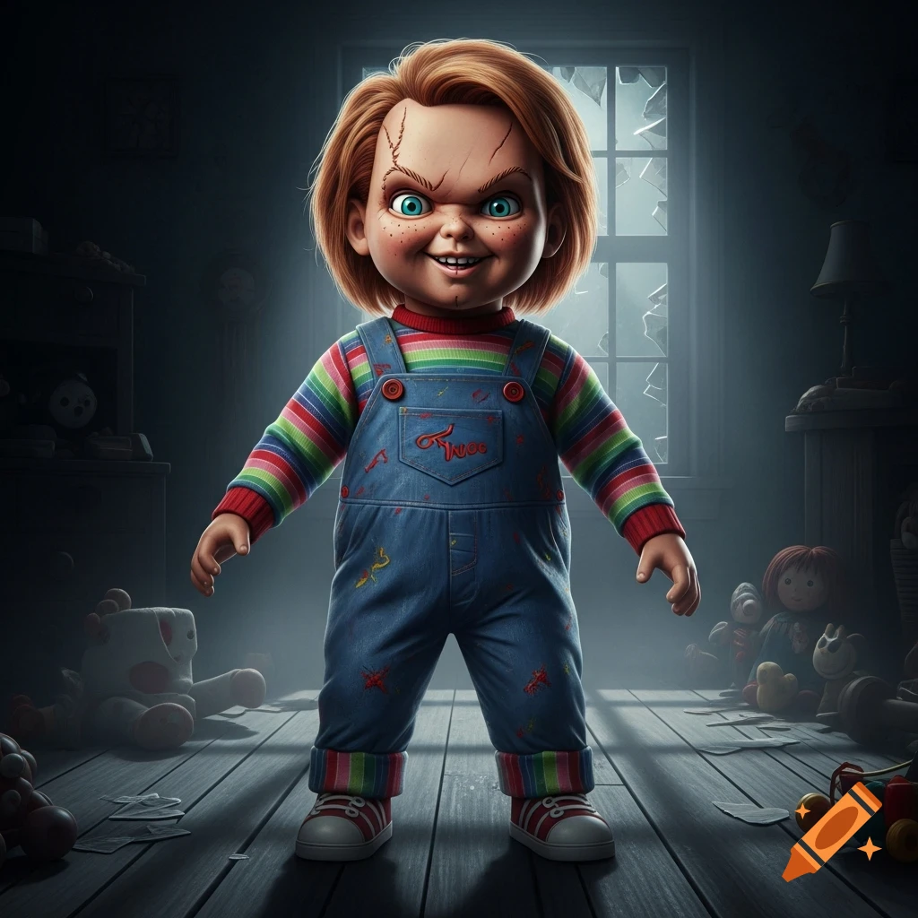 A menacing Chucky doll with red hair and blue eyes stands in a dark, broken room, wearing a striped shirt and blue overalls.